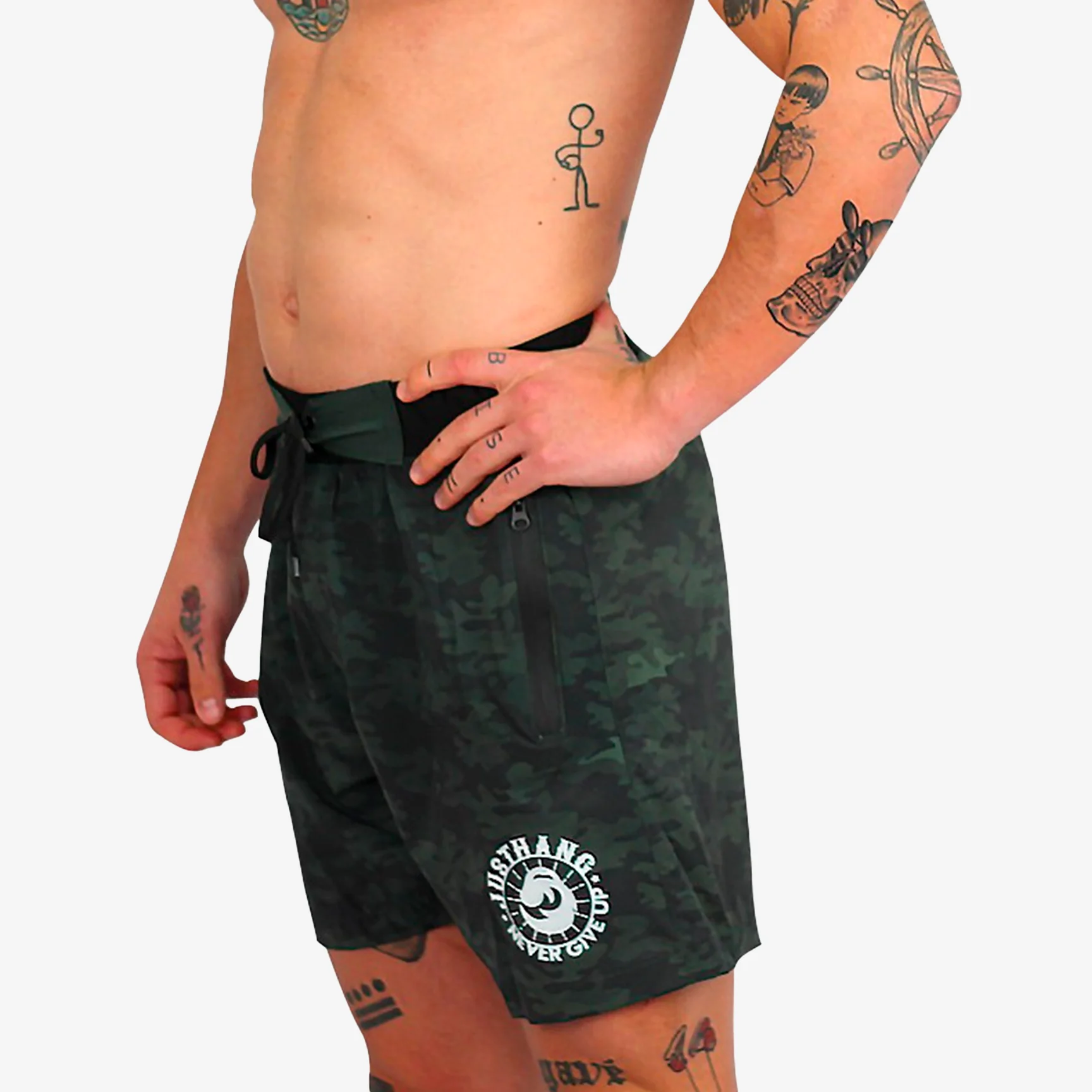 JUSTHANG NEVER GIVE UP CAMO MEN'S SHORTS - Image 2